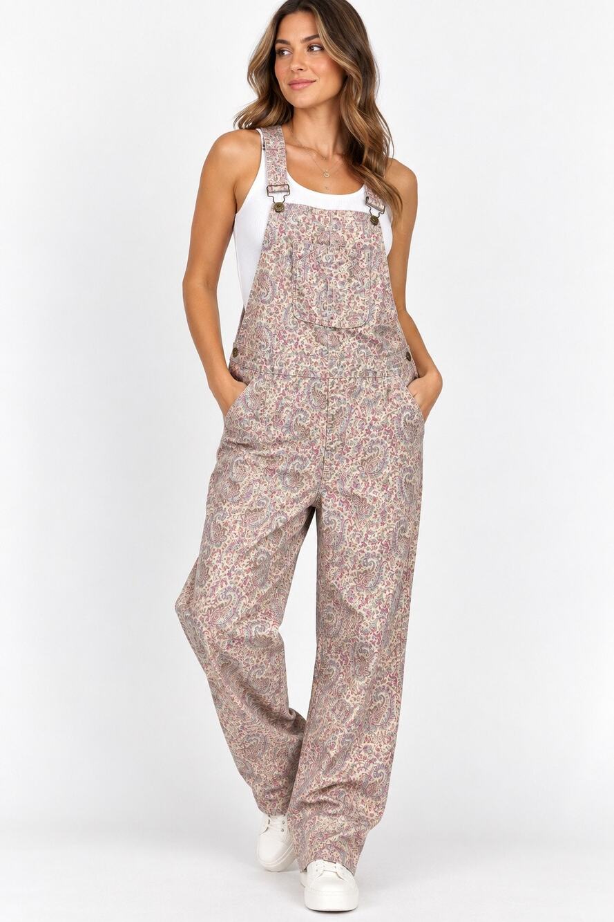April Cornell XL Paisley Overalls Floral Boho Cotton Stretch Bib Jumpsuit